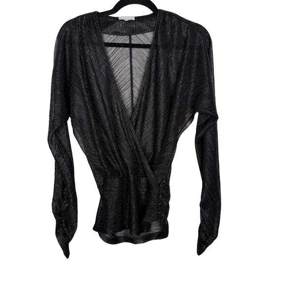 Kinly XSmall XS Black Metallic Surplice VNeck Long Sleeve Blouse Top Ruched Hem - Picture 1 of 8